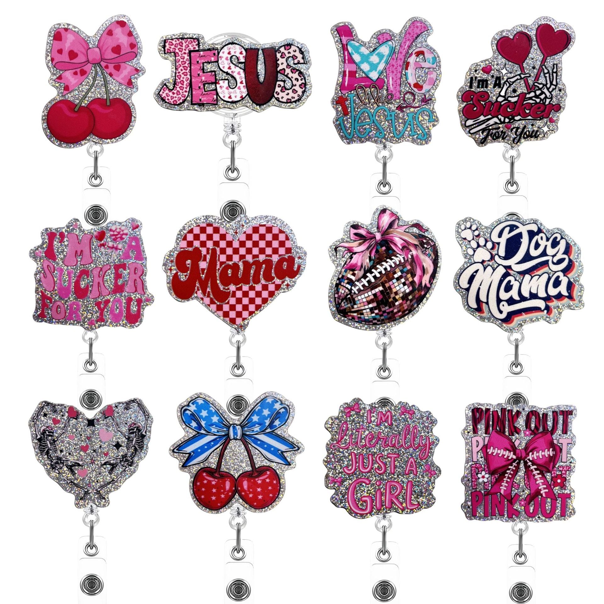 Wholesale Source New Creative Acrylic Glitter Medical Jesus Mother's Day Telescopic Badge Clip Easy Pull Buckle